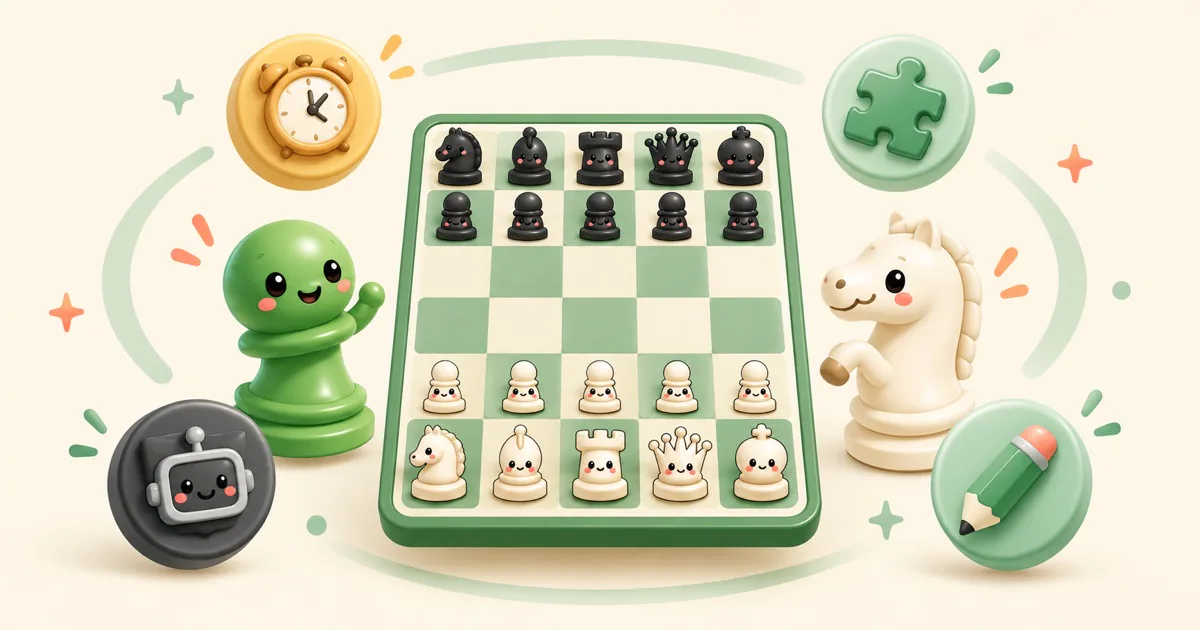 Pocket Shuffle Chess 5x6 board surrounded by puzzle, computer, timer, and board editor mode tokens